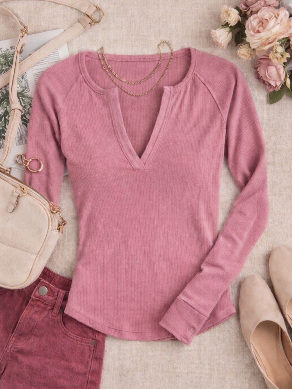 Free People | Pink Ribbed Long Sleeve Top | V-Neck Fitted | Size S - Picture 2 of 7